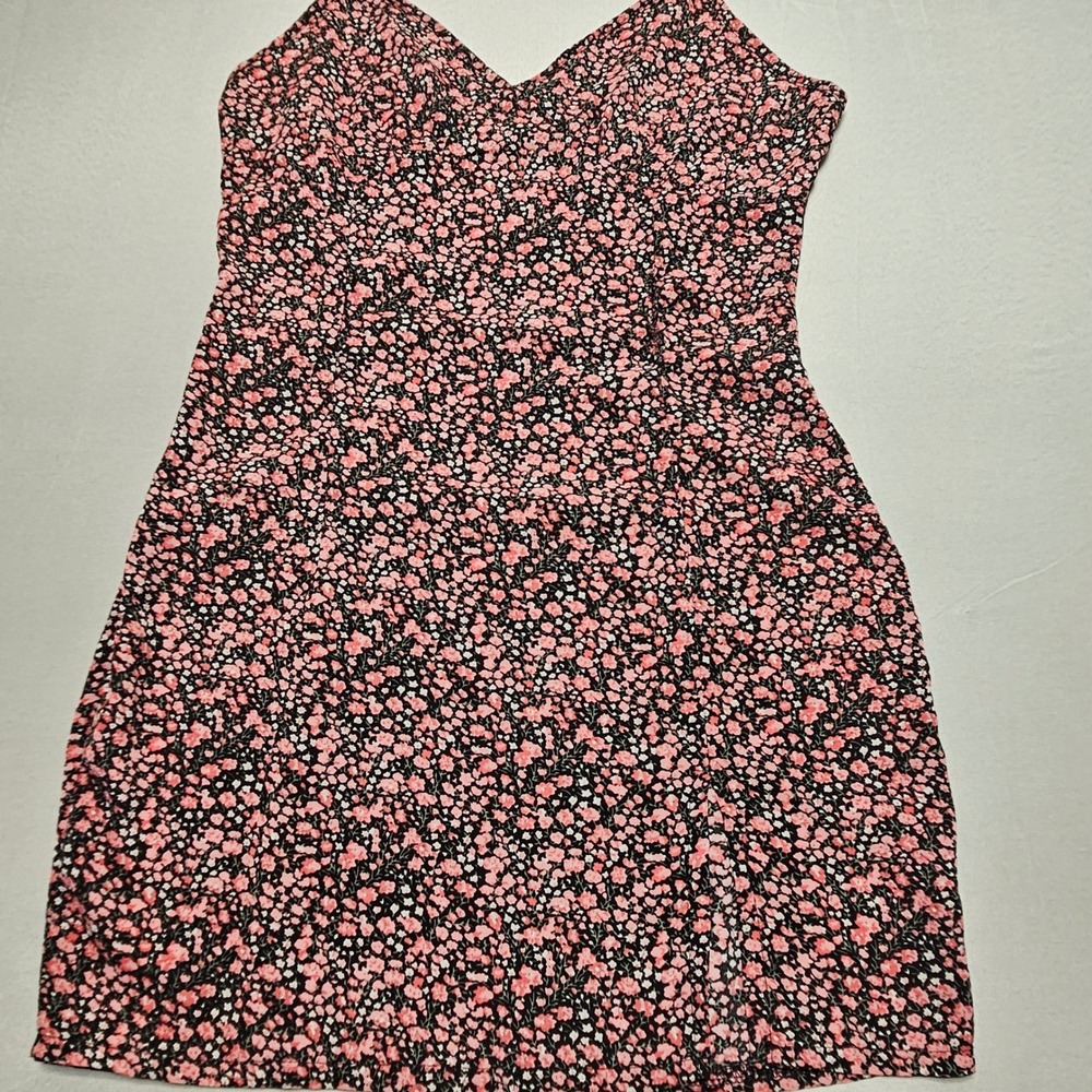 Shein Floral Cami Mini Dress Womens XS Pink Black Ditsy V-Neck Slit Coquette
